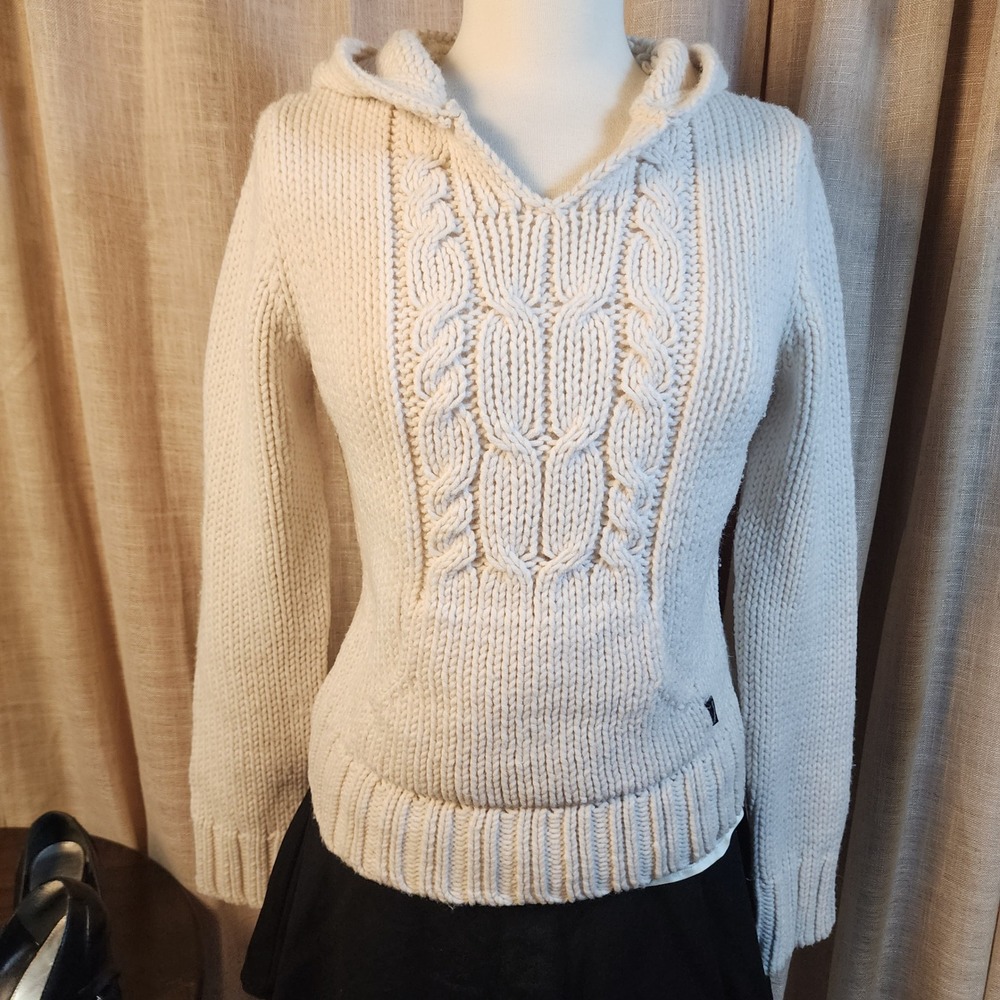 Vintage Abercrombie & Fitch Y2K Wool Blend Cable Knit Hooded Sweater L Cream